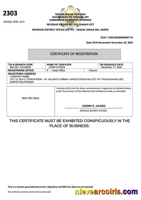 Philippines certificate of registration, version 4